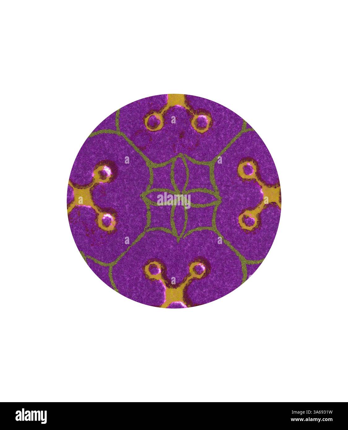 Ein lebendiges Kreismuster mit ineinander verflochtenen Blumenmotiven in sattem Violett und Gold, hervorgehoben durch grüne Akzente. Klassische Kunst mit modernem Touch, neu interpretiert von Artotop, transformiertes Mediæval Ornament Stockfoto