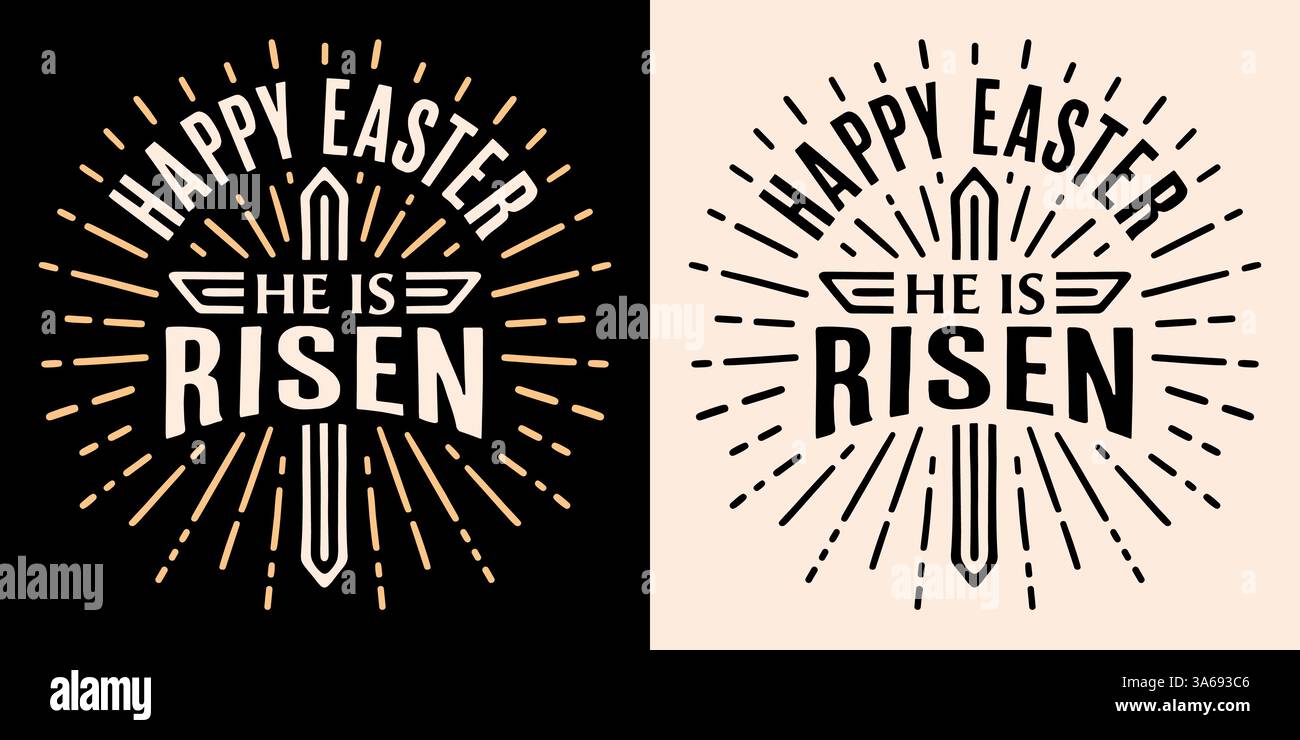 Happy easter ist er auferstanden Buchstaben rund Abzeichen Grußkarte Hemd Design Retro Vintage schwarz ästhetischer Text christian Jesus religiöse Zitate Vektor. Stock Vektor
