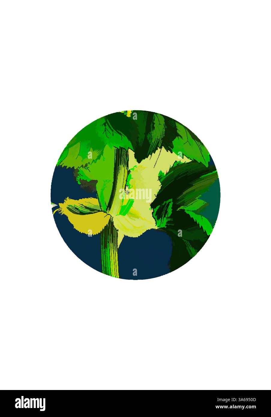 Eine lebendige Darstellung der Pflanzenwelt mit üppigen grünen Blättern und einem zentralen Stamm, eingekapselt in einem runden Rahmen, der die natürliche Schönheit und Komplexität des Laubs vor einem kontrastierenden Hintergrund unterstreicht. Klassische Kunst mit modernem Touch, neu interpretiert von Artotop, verwandeltes Smyrnium Olusatrum, Common Alexanders Stockfoto