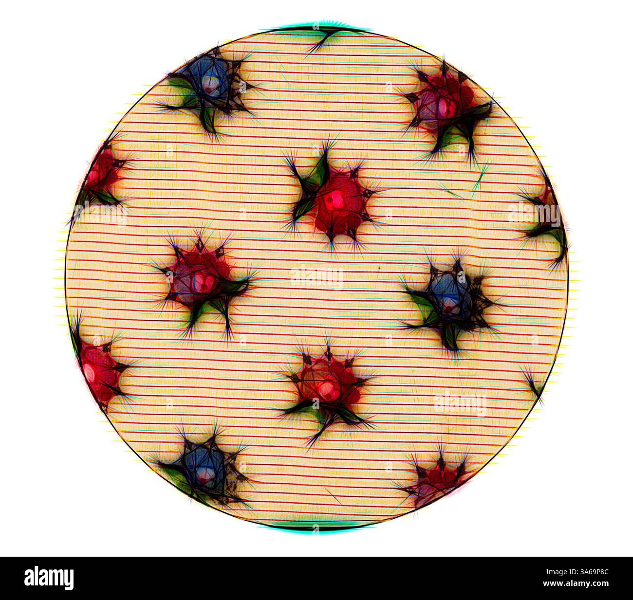 Eine lebendige Darstellung abstrakter Formen mit roten und blauen Elementen, die sich zwischen parallelen Linien durchsetzen, schaffen ein dynamisches Gefühl von Bewegung und Textur. Klassische Kunst mit modernem Touch, neu interpretiert von Artotop, transformierte französische Stoffe, erste Hälfte des 19. Jahrhunderts Stockfoto