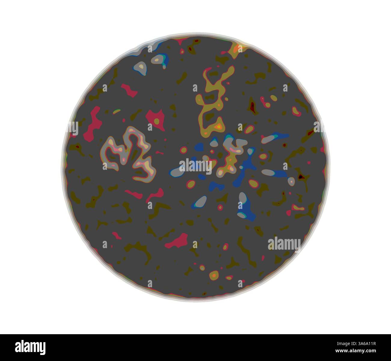 Ein kreisförmiges Design mit einer Mischung aus abstrakten Formen und Farben, das ein strukturiertes Erscheinungsbild schafft, das an eine kosmische Szene oder eine geologische Karte erinnert. Klassische Kunst mit modernem Touch, neu interpretiert von Artotop, transformierte französische Stoffe, erste Hälfte des 19. Jahrhunderts Stockfoto