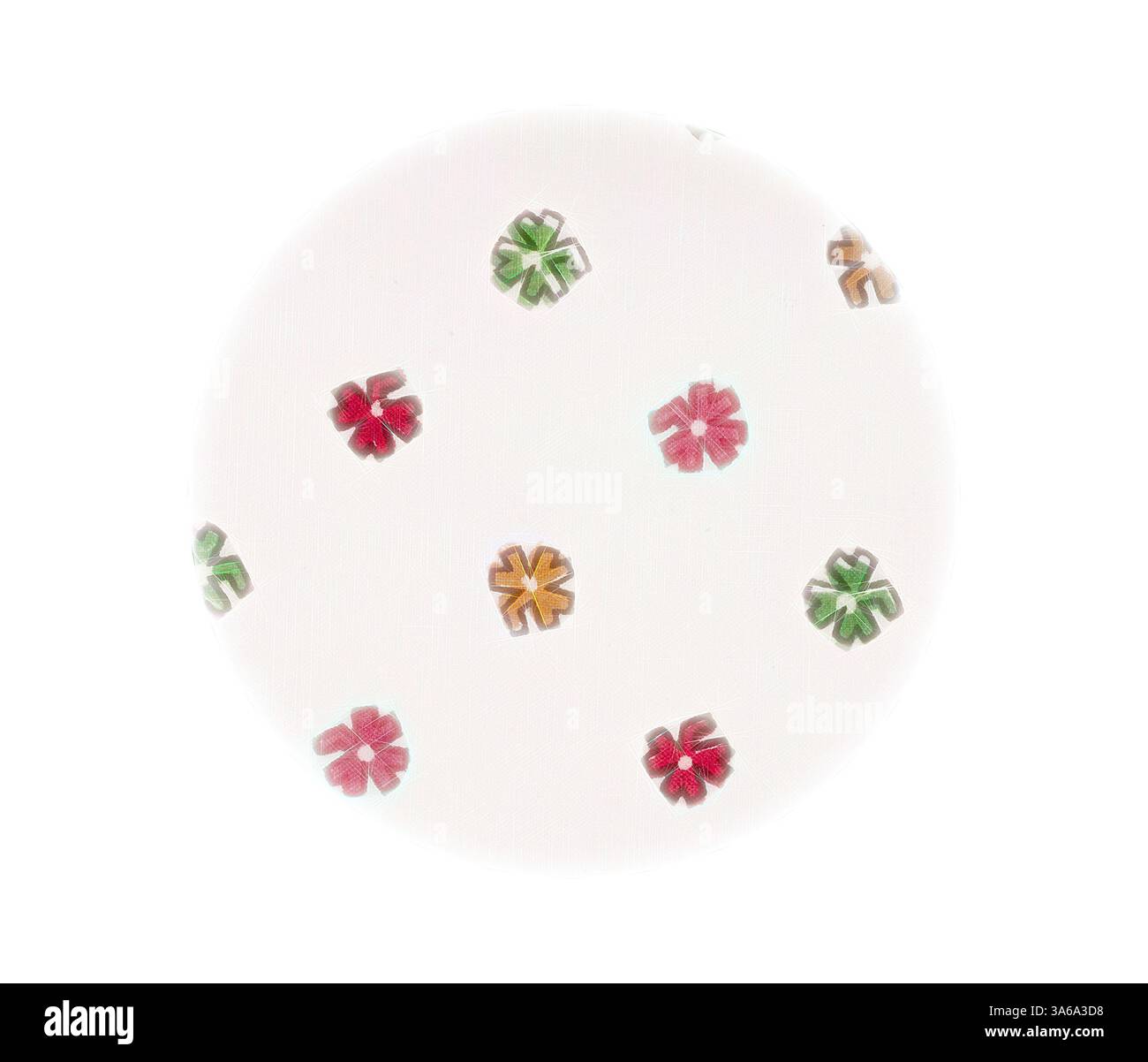 Eine kreisförmige Oberfläche ist mit leuchtenden, blumenförmigen Mustern in verschiedenen Farben verziert, die ein verspieltes und skurriles Design vor hellem Hintergrund schaffen. Klassische Kunst mit modernem Touch, neu interpretiert von Artotop, transformierte französische Stoffe, erste Hälfte des 19. Jahrhunderts Stockfoto
