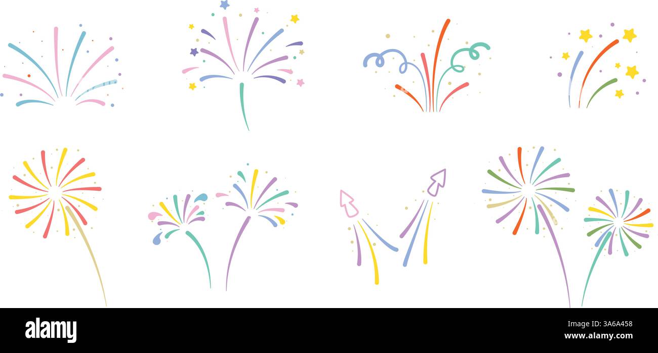 Buntes Feuerwerk. Explodierende Lichter in verschiedenen Farben mit Funken. Festliche Himmelsexplosionen, Clip-Art. Vektorgrafiken Stock Vektor