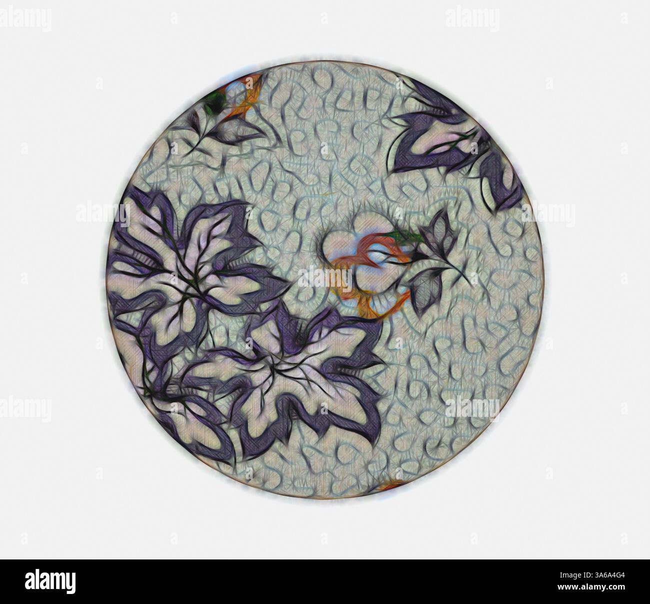 Ein kreisförmiges Design mit komplizierten Blumenmustern und einem kleinen Vogel, das sanfte Farben mit zarten Linien verbindet und eine elegante und harmonische Komposition schafft. Klassische Kunst mit modernem Touch, neu interpretiert von Artotop, transformierte französische Stoffe, erste Hälfte des 19. Jahrhunderts Stockfoto