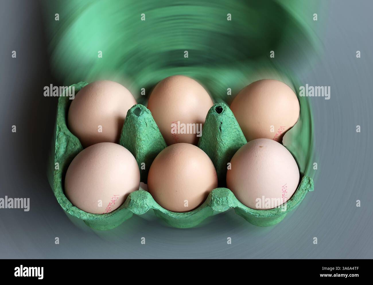 ACHTUNG Bild BEARBEITET hier im Bild 6 frische Bio Eier aus kontorllierter Ökologischer Erzeugung, Güteklasse mit einem Eierkarton, Verpackung Hühnerei, Eierknappheit, Preisanstieg, leere Regale, nur wenige Eier, große Nachfrage, der Hintergrund wurde leicht dynamisch verwischt *** hier AUFGEFÜHRTES AUFMERKSAMKEITSBILD im Bild 6 frische Bio-Eier aus kontrolliert biologischem Anbau, Güteklasse mit Eierkarton, Verpackung Hühnerei, Eierknappheit, Preiserhöhung, leere Regale, wenige Eier, hohe Nachfrage, der Hintergrund ist leicht dynamisch verschwimmt Stockfoto