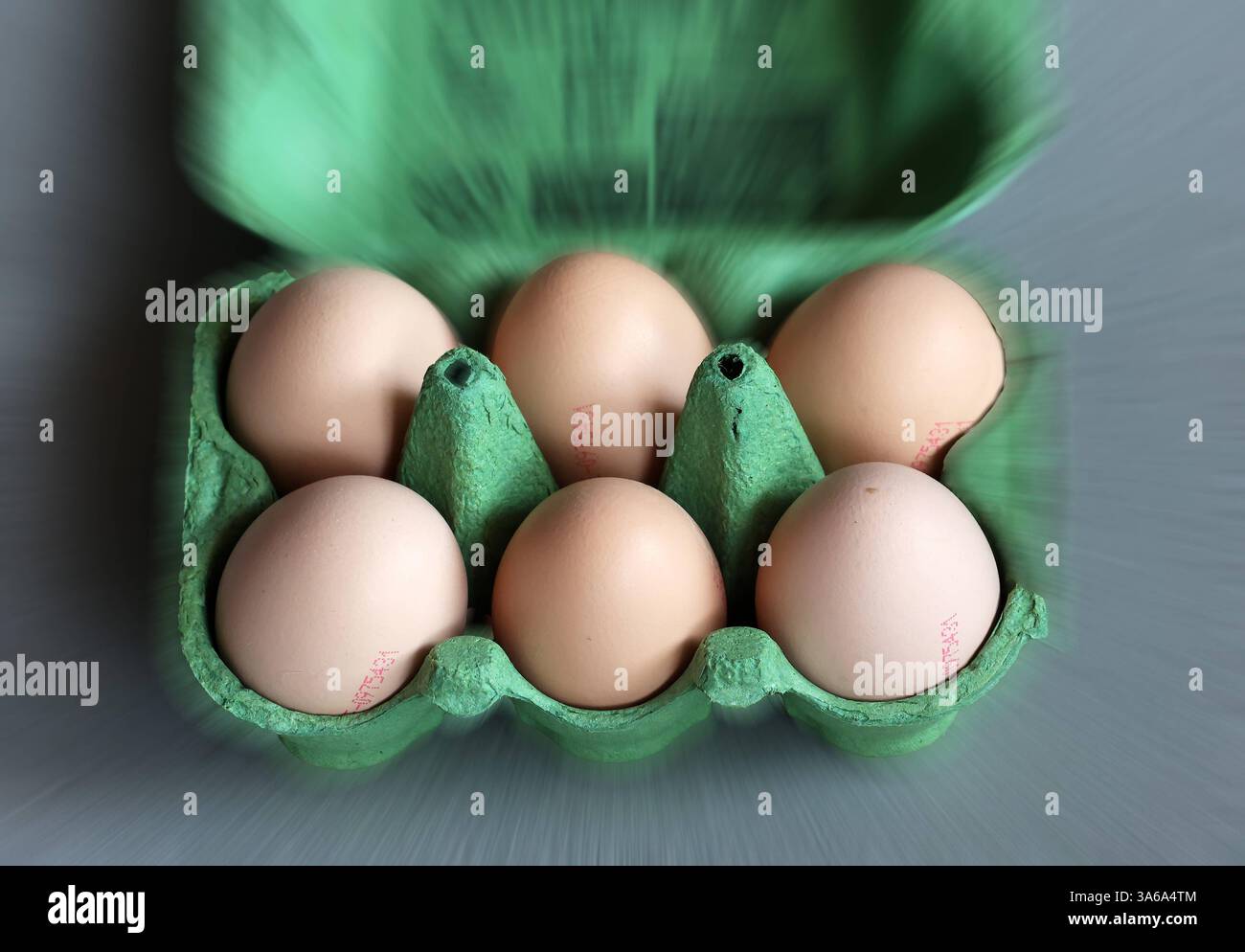 ACHTUNG Bild BEARBEITET hier im Bild 6 frische Bio Eier aus kontorllierter Ökologischer Erzeugung, Güteklasse mit einem Eierkarton, Verpackung Hühnerei, Eierknappheit, Preisanstieg, leere Regale, nur wenige Eier, große Nachfrage, der Hintergrund wurde leicht dynamisch verwischt *** hier AUFGEFÜHRTES AUFMERKSAMKEITSBILD im Bild 6 frische Bio-Eier aus kontrolliert biologischem Anbau, Güteklasse mit Eierkarton, Verpackung Hühnerei, Eierknappheit, Preiserhöhung, leere Regale, wenige Eier, hohe Nachfrage, der Hintergrund ist leicht dynamisch verschwimmt Stockfoto