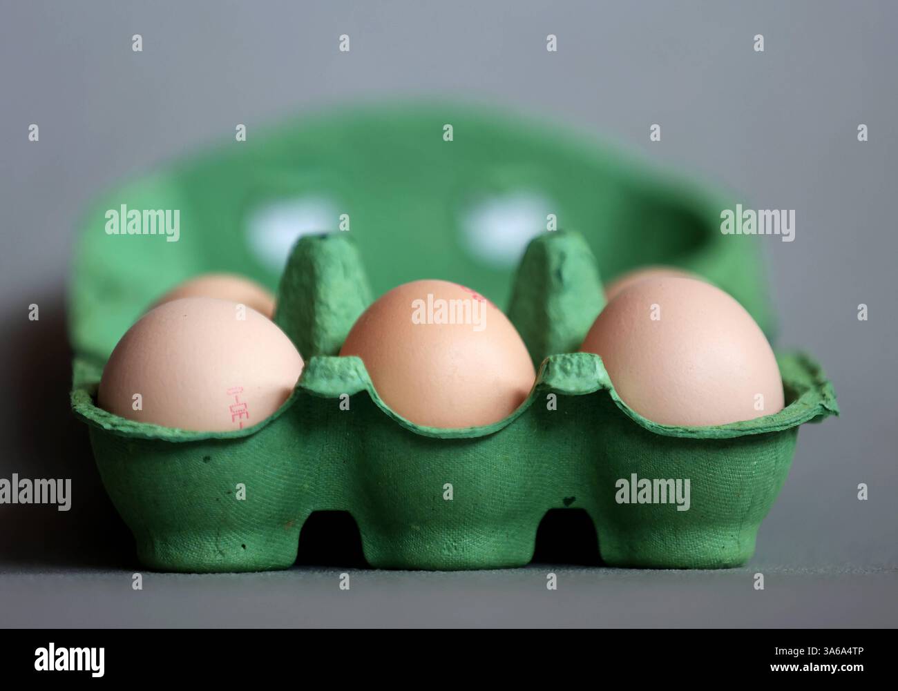 Hier im Bild 6 frische Bio Eier aus kontorllierter Ökologischer Erzeugung, Güteklasse mit einem Eierkarton, Verpackung Hühnerei, Eierknappheit, Preisanstieg, leere Regale, wenige Eier, große Nachfrage *** hier im Bild 6 frische Bio-Eier aus kontrolliert biologischem Anbau, Güteklasse mit Eierkarton, Hühnerei, Eierknappheit, Preiserhöhung, leere Regale, wenige Eier, hohe Nachfrage Stockfoto