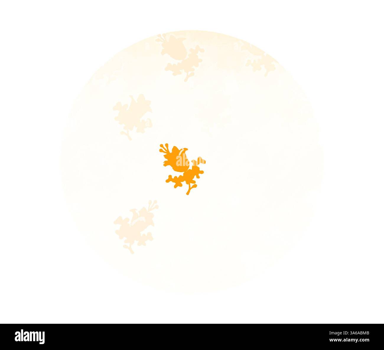 Ein leuchtender orangener Frosch sitzt inmitten eines weichen, ätherischen Hintergrunds, umgeben von subtilen, helleren Silhouetten dieser Art, die eine skurrile und ruhige Atmosphäre schaffen. Klassische Kunst mit modernem Touch, neu interpretiert von Artotop, transformierte französische Stoffe, erste Hälfte des 19. Jahrhunderts Stockfoto