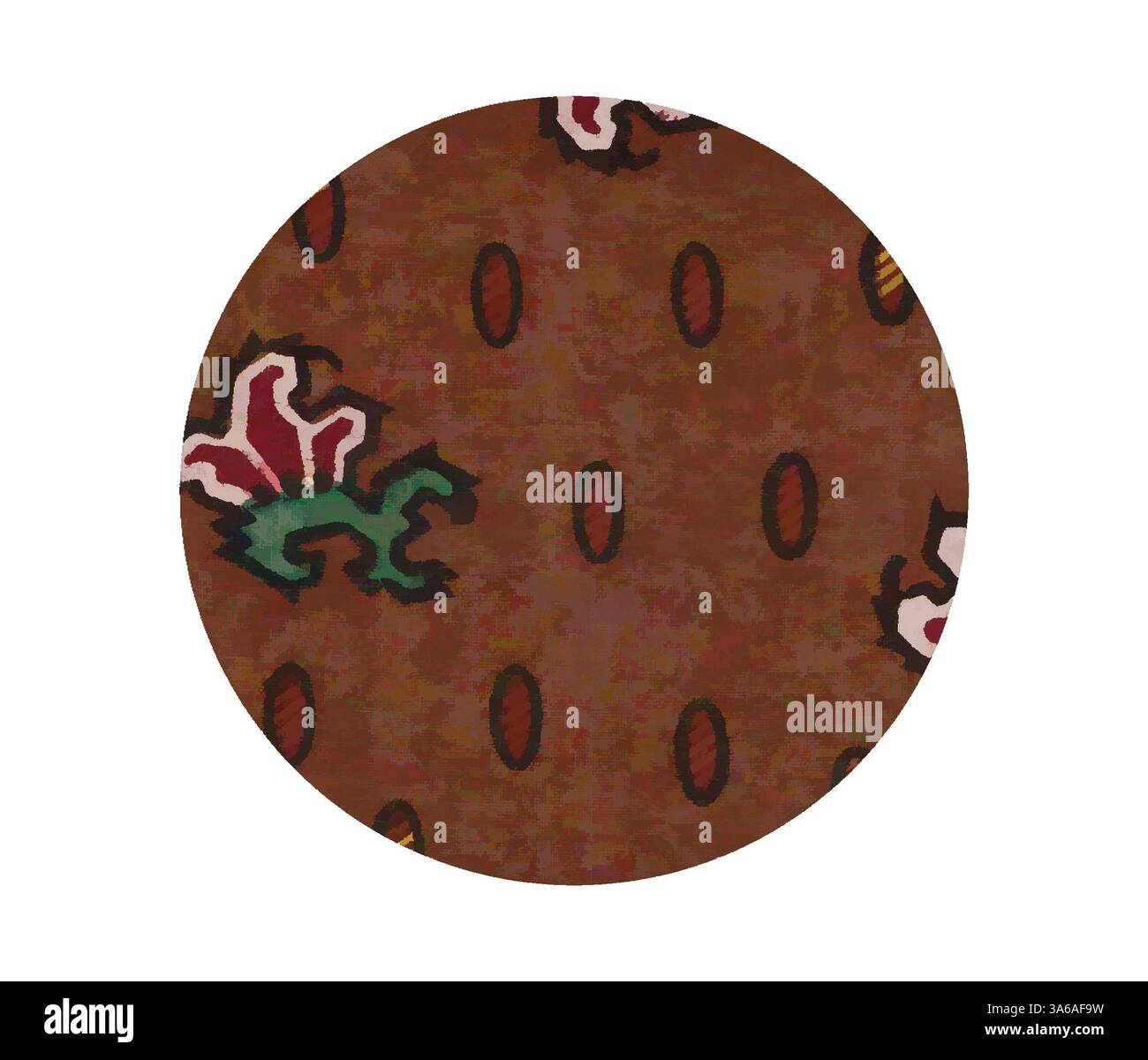 Eine strukturierte Oberfläche mit sattem braunem Hintergrund, verziert mit bunten Blumen- und abstrakten Mustern, durchsetzt mit langen ovalen Formen. Die lebendigen Muster bilden einen lebhaften Kontrast zum Erdton. Klassische Kunst mit modernem Touch, neu interpretiert von Artotop, transformierte französische Stoffe, erste Hälfte des 19. Jahrhunderts Stockfoto