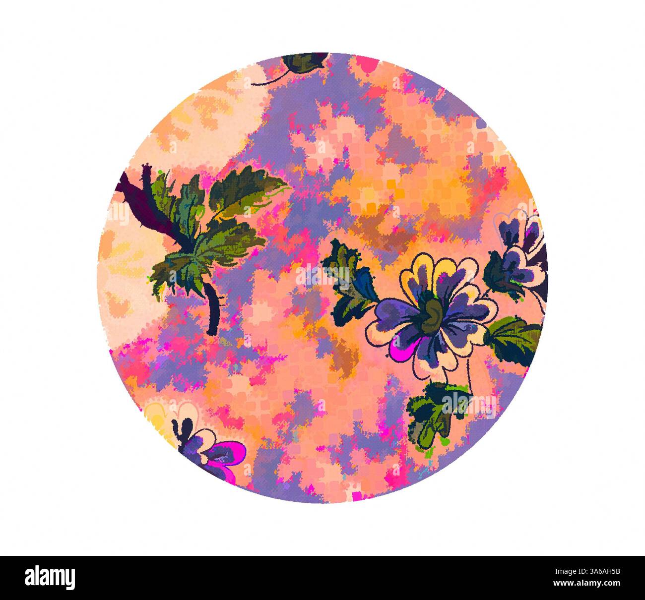 Ein lebhaftes Kreismuster mit bunten Blumen und üppigen Blättern vor einem traumhaften, sanft gemischten Hintergrund mit warmen Farbtönen. Klassische Kunst mit modernem Touch, neu interpretiert von Artotop, transformierte französische Stoffe, erste Hälfte des 19. Jahrhunderts Stockfoto