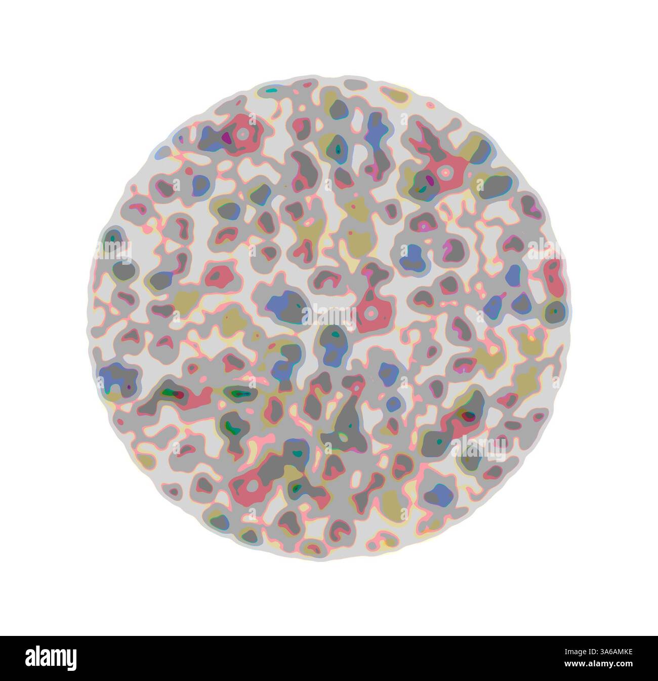 Ein kreisförmiges Muster, das eine abstrakte Anordnung von bunten Flecken und Formen zeigt, die ein Gefühl organischer Textur und fließender Bewegung hervorrufen. Klassische Kunst mit modernem Touch, neu interpretiert von Artotop, transformierte französische Stoffe, erste Hälfte des 19. Jahrhunderts Stockfoto