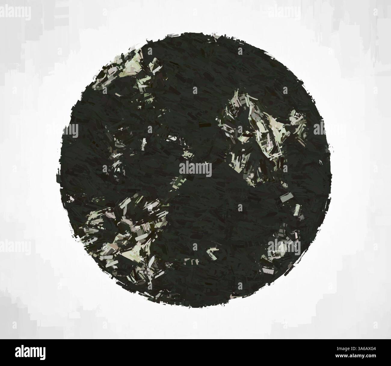 Eine strukturierte Darstellung der Erde mit dunklen und hellen Flecken, die auf Landmassen und ozeanische Gebiete hinweisen, umgeben von einer weichen, helleren Grenze. Klassische Kunst mit modernem Touch, neu interpretiert von Artotop, transformierte französische Stoffe, erste Hälfte des 19. Jahrhunderts Stockfoto