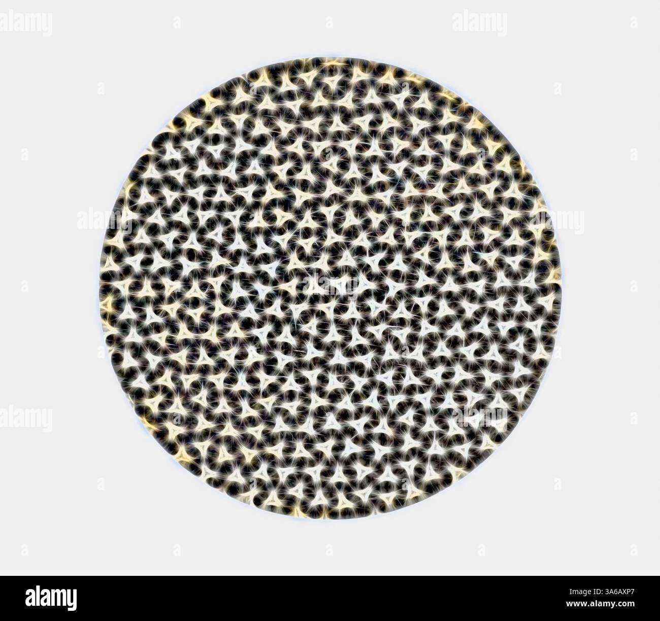 Ein kreisförmiges Muster mit komplizierten, sich wiederholenden Formen, die eine faszinierende Textur und Tiefe erzeugen. Klassische Kunst mit modernem Touch, neu interpretiert von Artotop, transformierte französische Stoffe, erste Hälfte des 19. Jahrhunderts Stockfoto