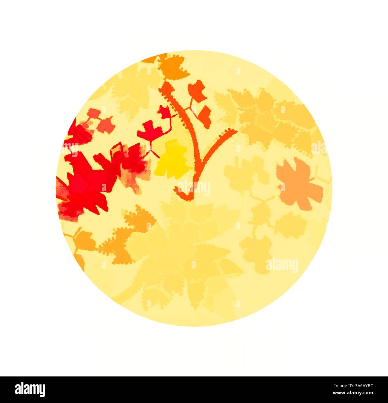 Eine kreisförmige Komposition mit leuchtenden Herbstblättern in Rot-, Orange- und Gelbtönen, die auf einem weichen, warmen Hintergrund überlagert sind, der ein Gefühl der saisonalen Ruhe weckt. Klassische Kunst mit modernem Touch, neu interpretiert von Artotop, transformierte französische Stoffe, erste Hälfte des 19. Jahrhunderts Stockfoto