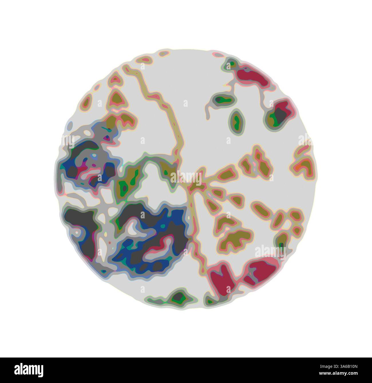 Ein kreisförmiges Design mit abstrakten Formen und lebhaften Farben, das organischen Formen und Mustern ähnelt, mit kontrastierenden Bereichen, die Tiefe und Textur andeuten. Klassische Kunst mit modernem Touch, neu interpretiert von Artotop, transformierte französische Stoffe, erste Hälfte des 19. Jahrhunderts Stockfoto