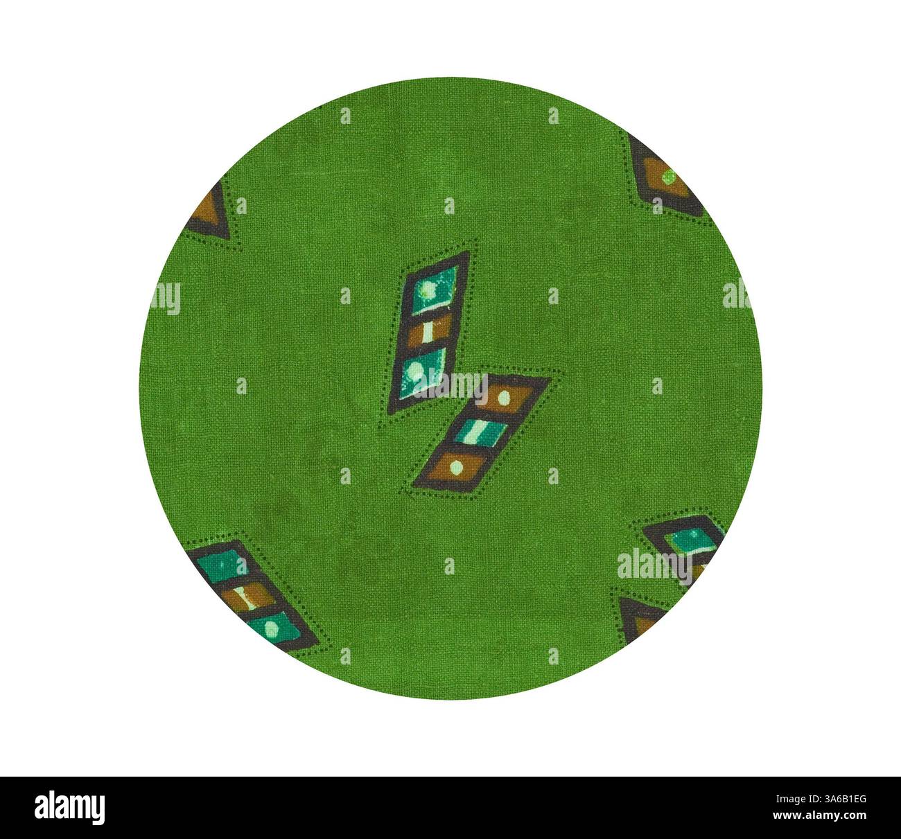 Ein leuchtend grüner Hintergrund mit geometrischen Mustern in verschiedenen Formen und Farben sorgt für ein lebendiges und dynamisches Design. Klassische Kunst mit modernem Touch, neu interpretiert von Artotop, transformierte französische Stoffe, erste Hälfte des 19. Jahrhunderts Stockfoto