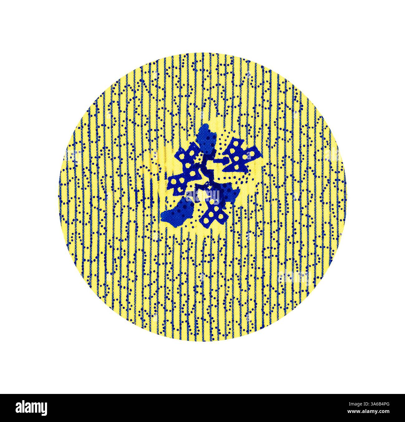 Ein lebendiges, kreisförmiges Design mit strukturiertem gelbem Hintergrund und komplexen blauen Mustern, die einen auffälligen Kontrast erzeugen und ein Gefühl dynamischer Bewegung und künstlerischem Flair wecken. Klassische Kunst mit modernem Touch, neu interpretiert von Artotop, transformierte französische Stoffe, erste Hälfte des 19. Jahrhunderts Stockfoto