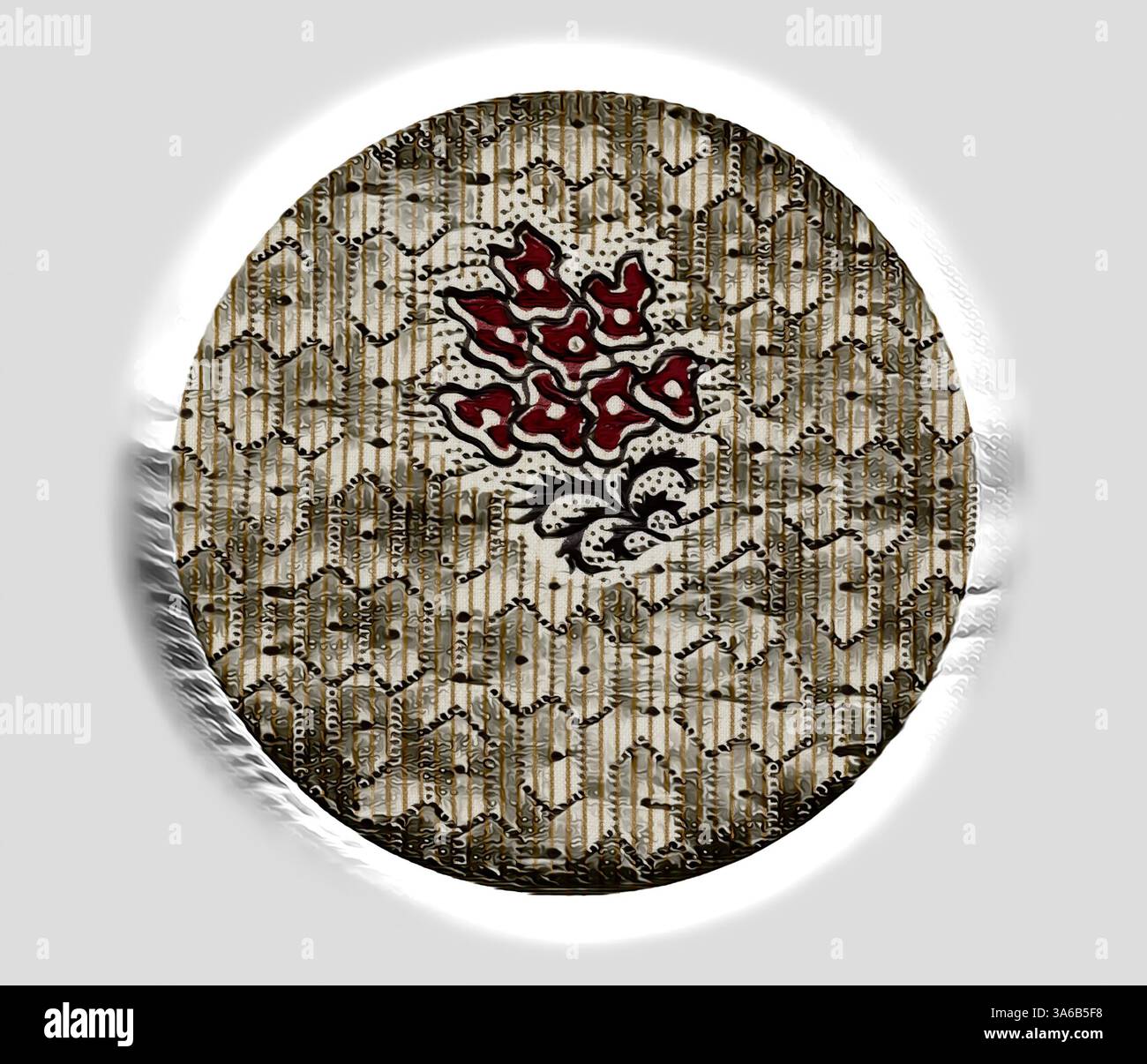 Ein aufwendig gestaltetes ovales Stück zeigt in der Mitte ein Blumenmotiv, umgeben von einem strukturierten Muster, das Tiefe und Charakter verleiht. Die Farben harmonieren harmonisch und verstärken den ästhetischen Gesamteindruck. Klassische Kunst mit modernem Touch, neu interpretiert von Artotop, transformierte französische Stoffe, erste Hälfte des 19. Jahrhunderts Stockfoto