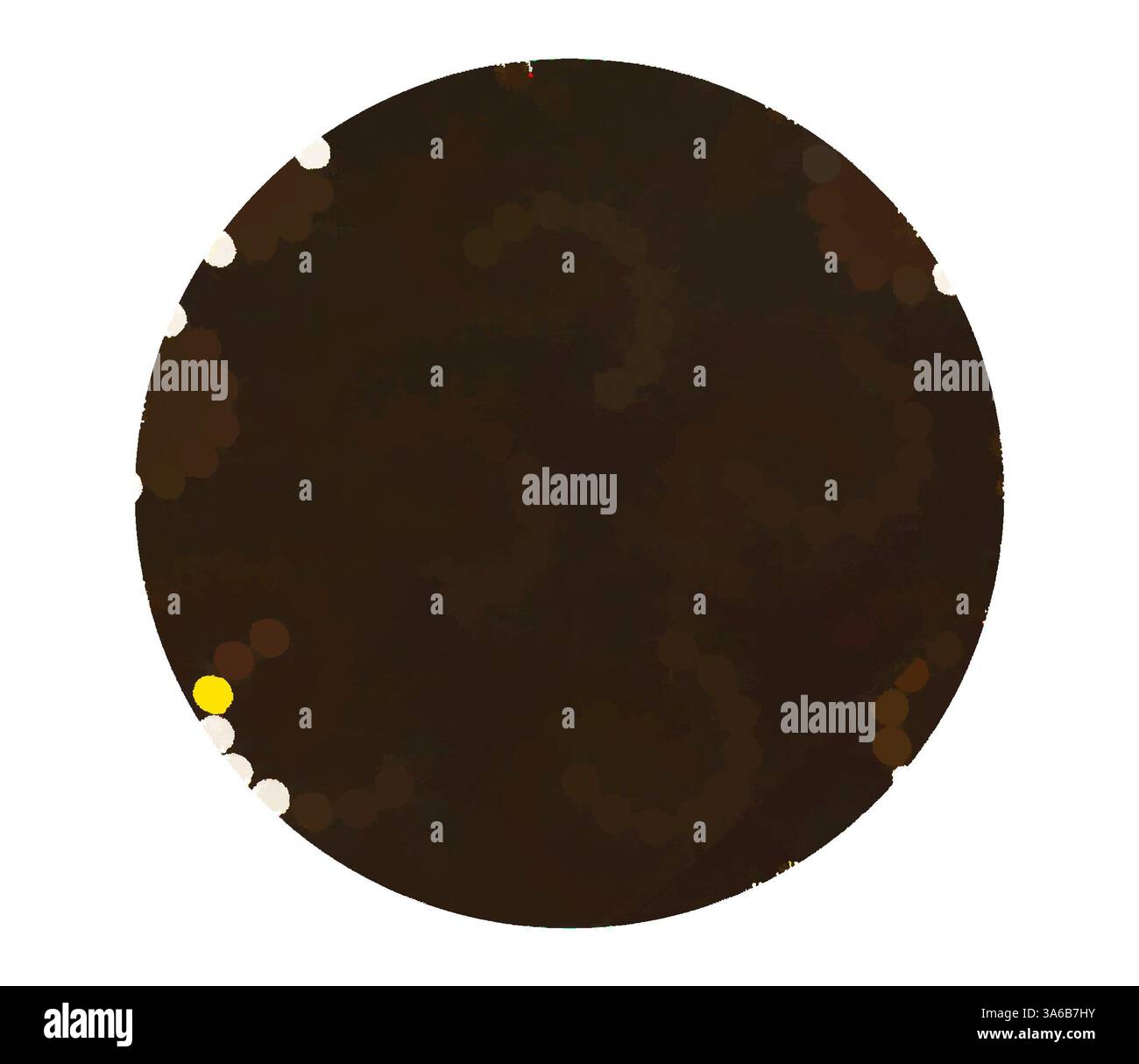 Eine kreisförmige Komposition mit einer Mischung aus dunklen Farbtönen und verstreuten Lichtpunkten, die ein abstraktes, strukturiertes Erscheinungsbild schafft, das an einen Himmelskörper oder eine geheimnisvolle Landschaft erinnert. Klassische Kunst mit modernem Touch, neu interpretiert von Artotop, transformierte französische Stoffe, erste Hälfte des 19. Jahrhunderts Stockfoto