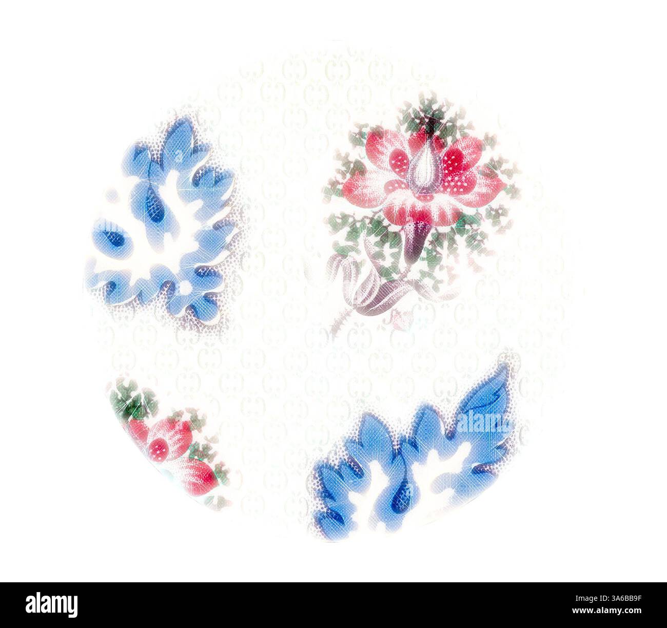 Ein zartes Blumendesign mit leuchtenden Blumen und komplizierten Blattmustern, die in einem kreisförmigen Layout angeordnet sind, zeigt ein elegantes Zusammenspiel von Farben und Formen. Klassische Kunst mit modernem Touch, neu interpretiert von Artotop, transformierte französische Stoffe, erste Hälfte des 19. Jahrhunderts Stockfoto