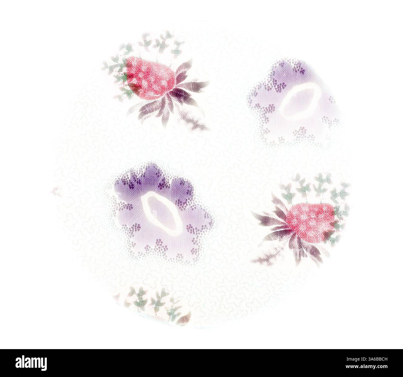 Ein zartes Design mit blassem Lavendel und zarten rosa Blüten, durchsetzt mit grünen Blättern, schafft ein elegantes Muster, das an Vintage-botanische Kunst erinnert. Die komplizierten Details bieten einen sanften, skurrilen Charme. Klassische Kunst mit modernem Touch, neu interpretiert von Artotop, transformierte französische Stoffe, erste Hälfte des 19. Jahrhunderts Stockfoto