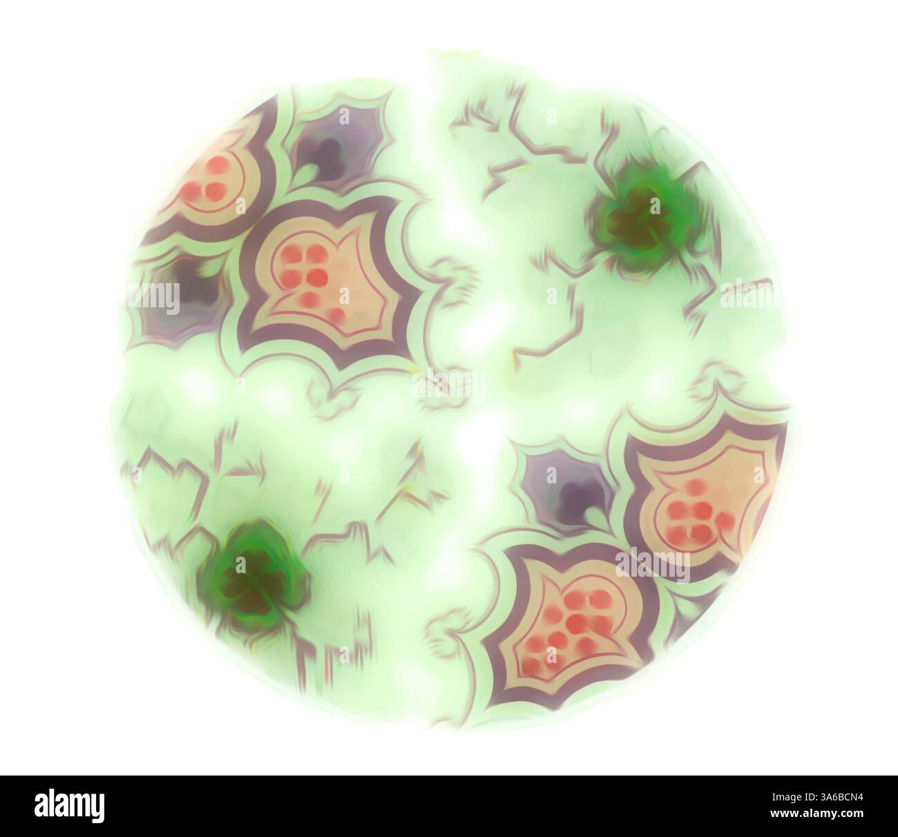 Eine kreisförmige Struktur mit komplexen Mustern und leuchtenden Farben, mit organischen Formen, die an zelluläre oder botanische Formen erinnern und auf eine mikroskopische Welt hinweisen. Klassische Kunst mit modernem Touch, neu interpretiert von Artotop, transformierte französische Stoffe, erste Hälfte des 19. Jahrhunderts Stockfoto