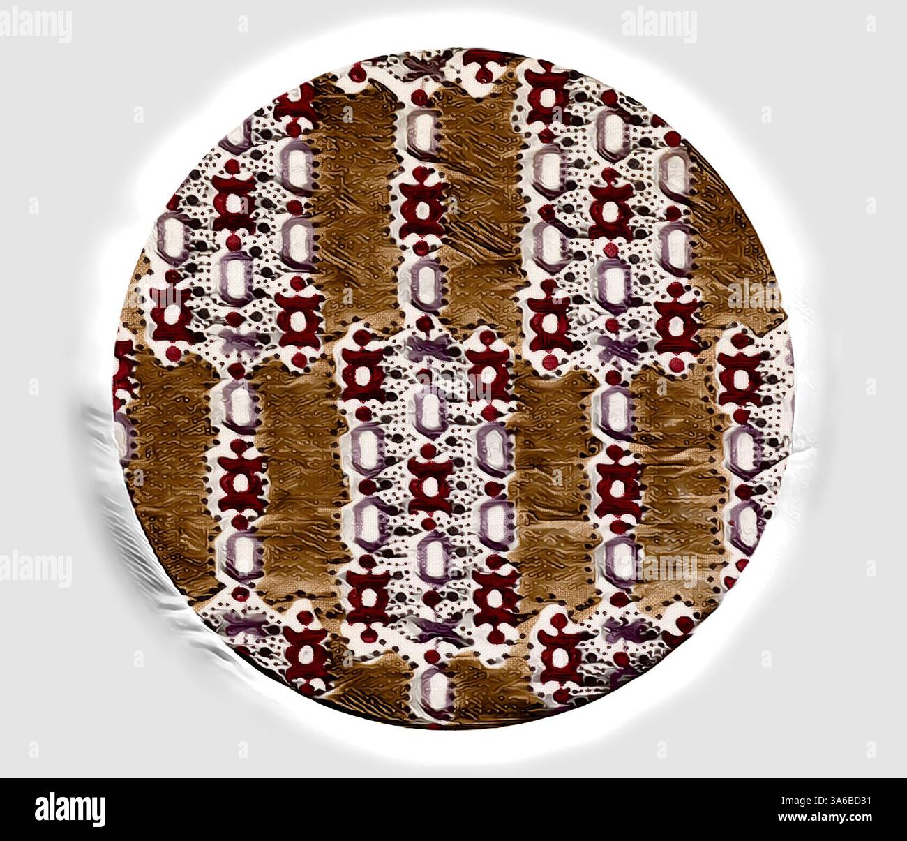 Ein strukturiertes, ovales Design mit einem komplizierten Muster aus Erdtönen, mit abwechselnden vertikalen Streifen und lebendigen geometrischen Formen, die in einer auffälligen, auffälligen Komposition angeordnet sind. Klassische Kunst mit modernem Touch, neu interpretiert von Artotop, transformierte französische Stoffe, erste Hälfte des 19. Jahrhunderts Stockfoto