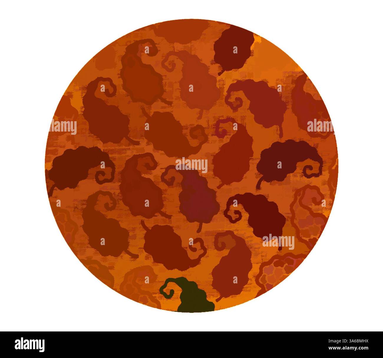 Ein kreisförmiges Design mit einem komplizierten Muster aus wirbelnden Formen in warmen, erdigen Tönen, das ein Gefühl von Bewegung und organischer Textur hervorruft. Klassische Kunst mit modernem Touch, neu interpretiert von Artotop, transformierte französische Stoffe, erste Hälfte des 19. Jahrhunderts Stockfoto