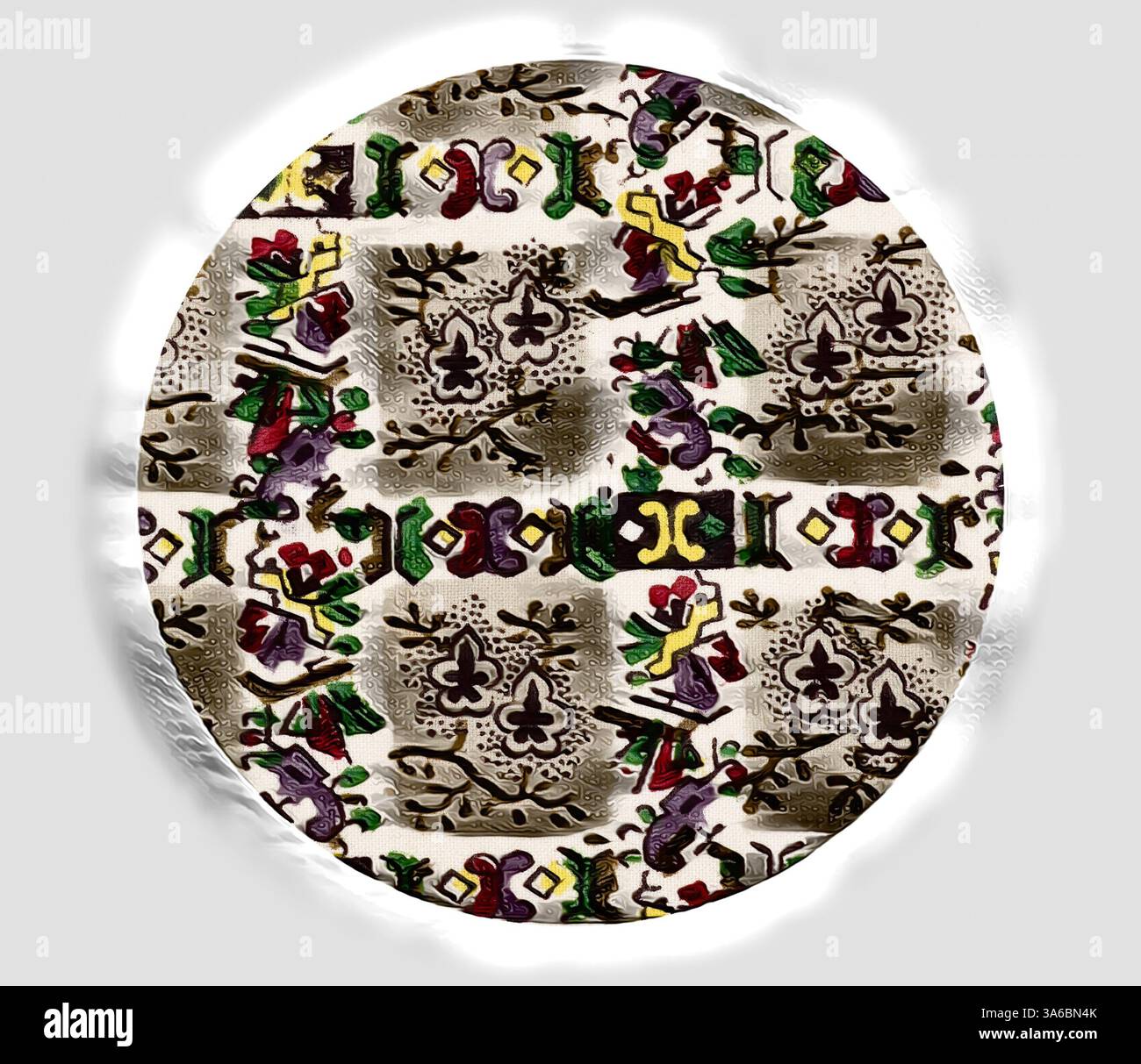 Ein wunderschön detailliertes Textilmuster mit komplizierten Blumen- und geometrischen Designs in leuchtenden Farben, die in einem symmetrischen Layout angeordnet sind. Die reich verzierten Motive schaffen eine reiche, dekorative Ästhetik, die zu näherer Betrachtung einlädt. Klassische Kunst mit modernem Touch, neu interpretiert von Artotop, transformierte französische Stoffe, erste Hälfte des 19. Jahrhunderts Stockfoto