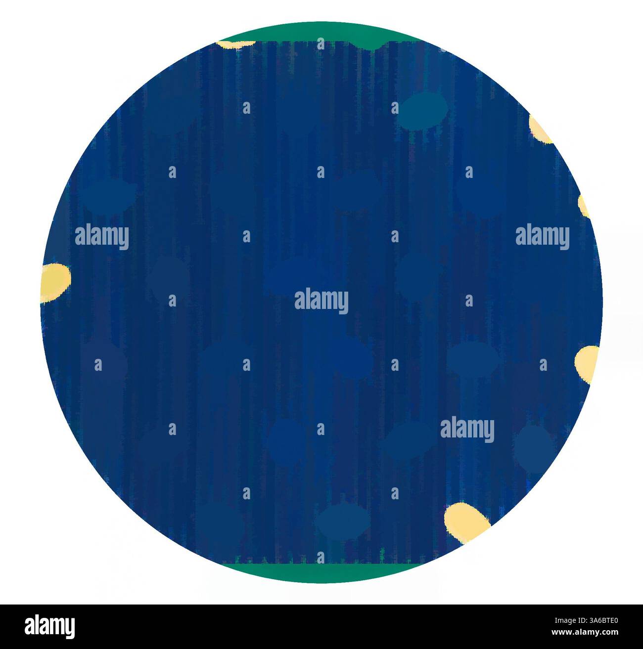 Eine ovale Form mit tiefblauer Textur, verziert mit verstreuten hellgelben Punkten, die an einem kontrastierenden grünen unteren Rand stehen. Klassische Kunst mit modernem Touch, neu interpretiert von Artotop, transformierte französische Stoffe, erste Hälfte des 19. Jahrhunderts Stockfoto