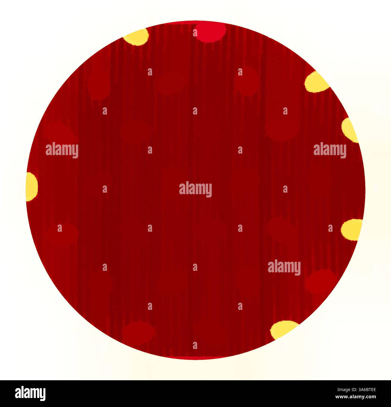 Ein lebendiges, kreisförmiges Design mit sattem rotem Hintergrund und verspielten gelben und roten Punkten. Klassische Kunst mit modernem Touch, neu interpretiert von Artotop, transformierte französische Stoffe, erste Hälfte des 19. Jahrhunderts Stockfoto
