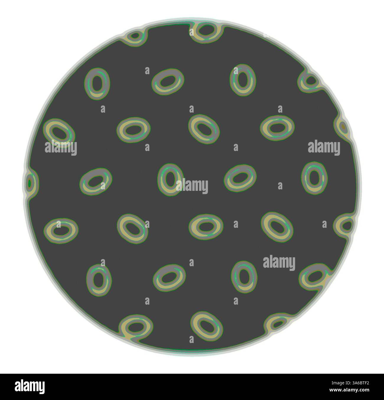 Ein kreisförmiges Design mit dunklem Hintergrund und verstreuten, hellen ovalen Formen, die ein faszinierendes Muster schaffen. Klassische Kunst mit modernem Touch, neu interpretiert von Artotop, transformierte französische Stoffe, erste Hälfte des 19. Jahrhunderts Stockfoto