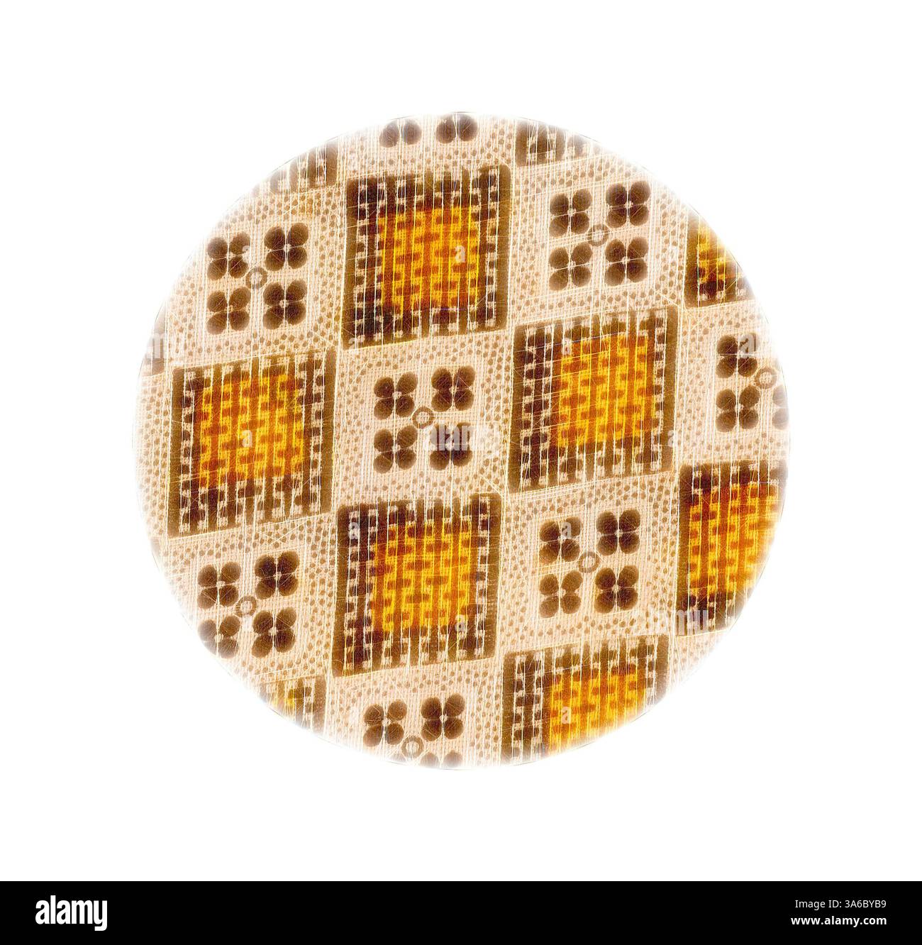 Ein detailliertes Textildesign mit geometrischen Mustern und kontrastierenden Farben, das komplexe Quadrate und Blumenmotive in einem strukturierten Layout zeigt. Klassische Kunst mit modernem Touch, neu interpretiert von Artotop, transformierte französische Stoffe, erste Hälfte des 19. Jahrhunderts Stockfoto