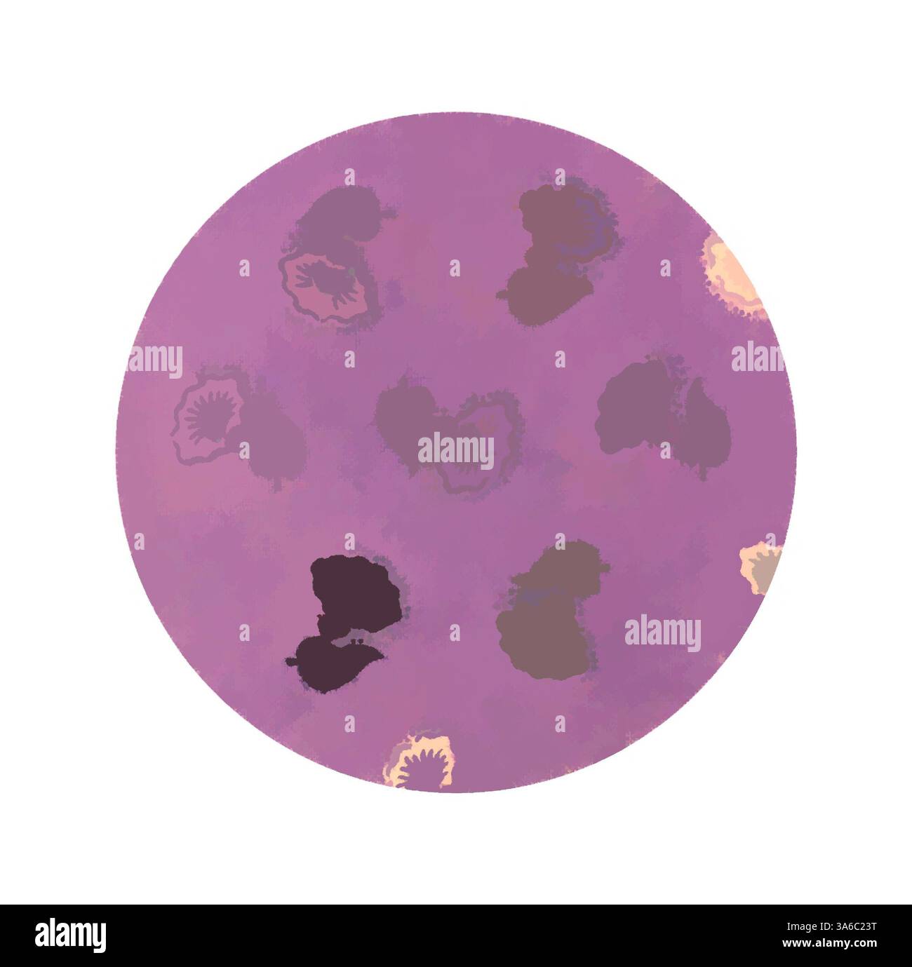 Eine kreisförmige Komposition mit einem sanften lila Hintergrund, der mit verschiedenen Formen und Schattierungen gepunktet ist und an abstrakte organische Formen erinnert. Klassische Kunst mit modernem Touch, neu interpretiert von Artotop, transformierte französische Stoffe, erste Hälfte des 19. Jahrhunderts Stockfoto