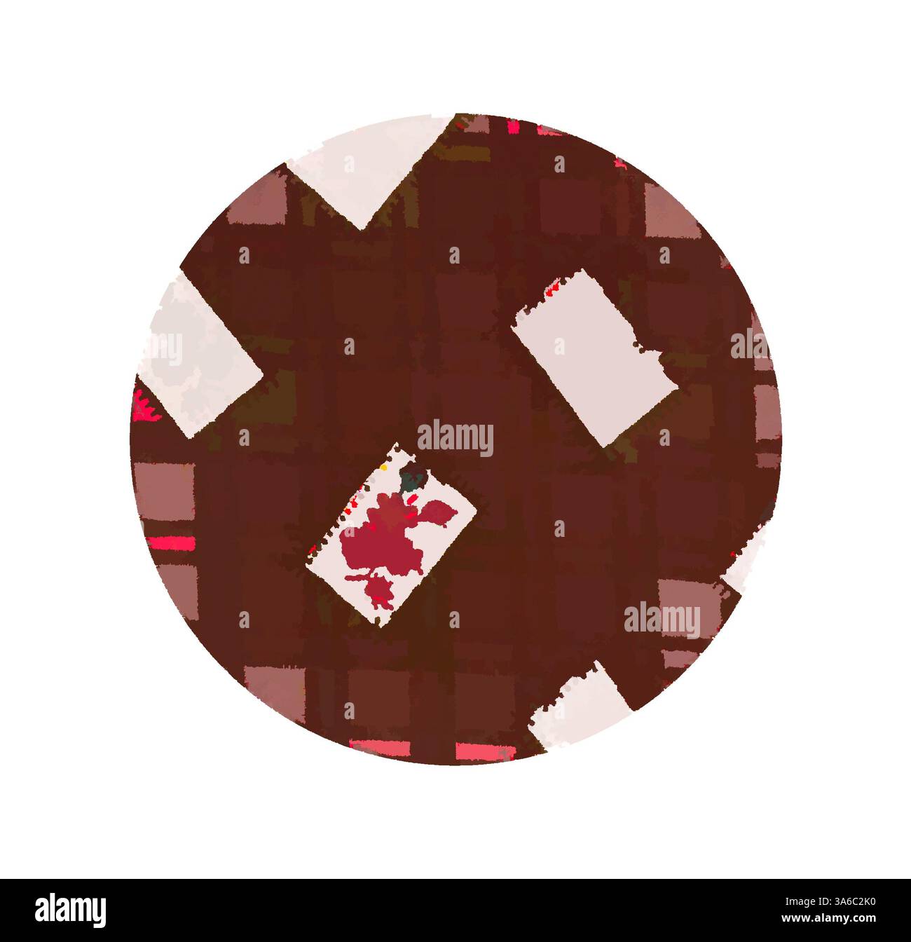 Ein kreisförmiges Arrangement mit einem reichhaltigen, strukturierten Hintergrund mit verschiedenen Farbflecken, einschließlich gedämpftem Rot und weichem weiß, schafft eine warme und einladende Atmosphäre. Kleine Papierstücke mit abstrakten Mustern sind überall verstreut, was einen Hauch von Laune verleiht. Klassische Kunst mit modernem Touch, neu interpretiert von Artotop, transformierte französische Stoffe, erste Hälfte des 19. Jahrhunderts Stockfoto