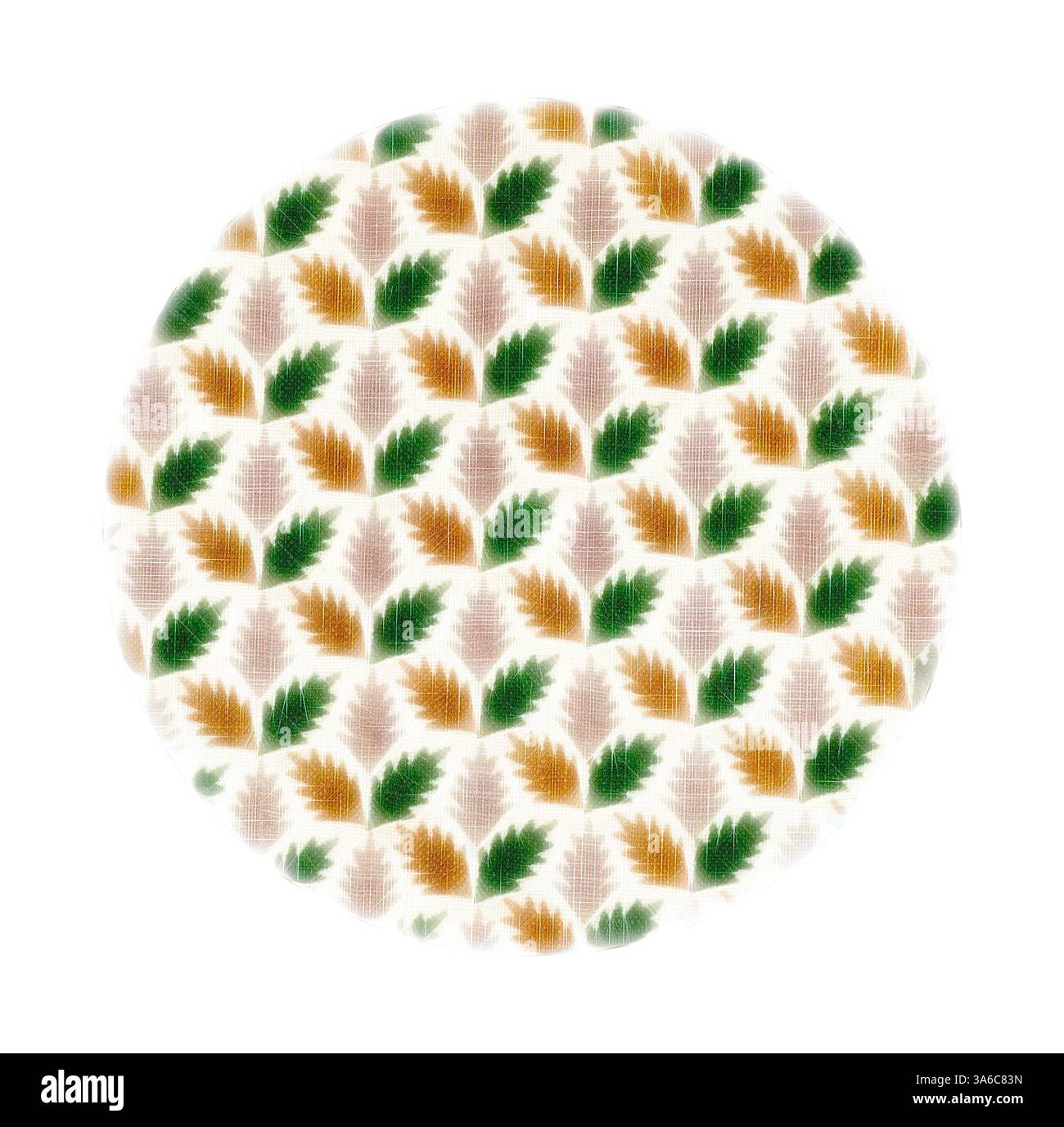 Ein kreisförmiges Design mit einer harmonischen Anordnung verschiedener Blätter in Grün-, Orange- und Hellrosa-Tönen, die ein lebendiges und natürliches Muster schaffen. Klassische Kunst mit modernem Touch, neu interpretiert von Artotop, transformierte französische Stoffe, erste Hälfte des 19. Jahrhunderts Stockfoto