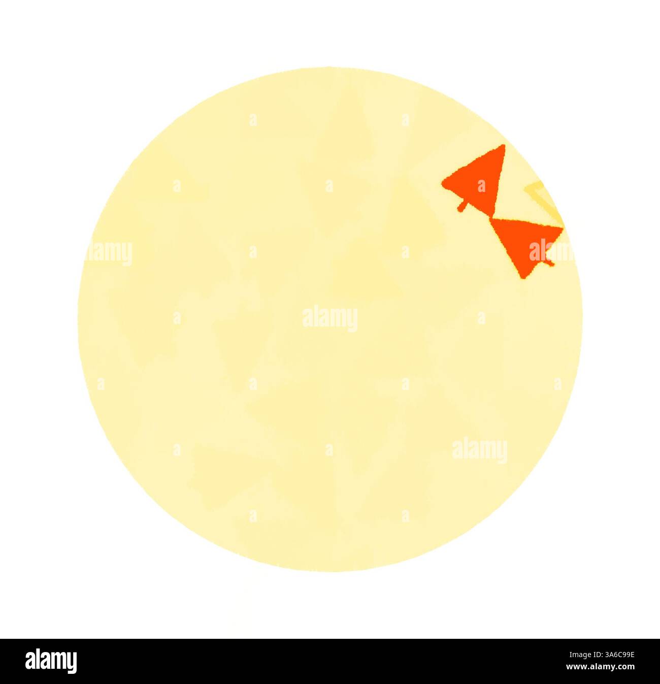 Eine helle, kreisförmige Form mit einer strukturierten Oberfläche besteht aus zwei kleinen orangen Dreiecken, die rechts oben positioniert sind und eine verspielte und abstrakte Komposition schaffen. Klassische Kunst mit modernem Touch, neu interpretiert von Artotop, transformierte französische Stoffe, erste Hälfte des 19. Jahrhunderts Stockfoto