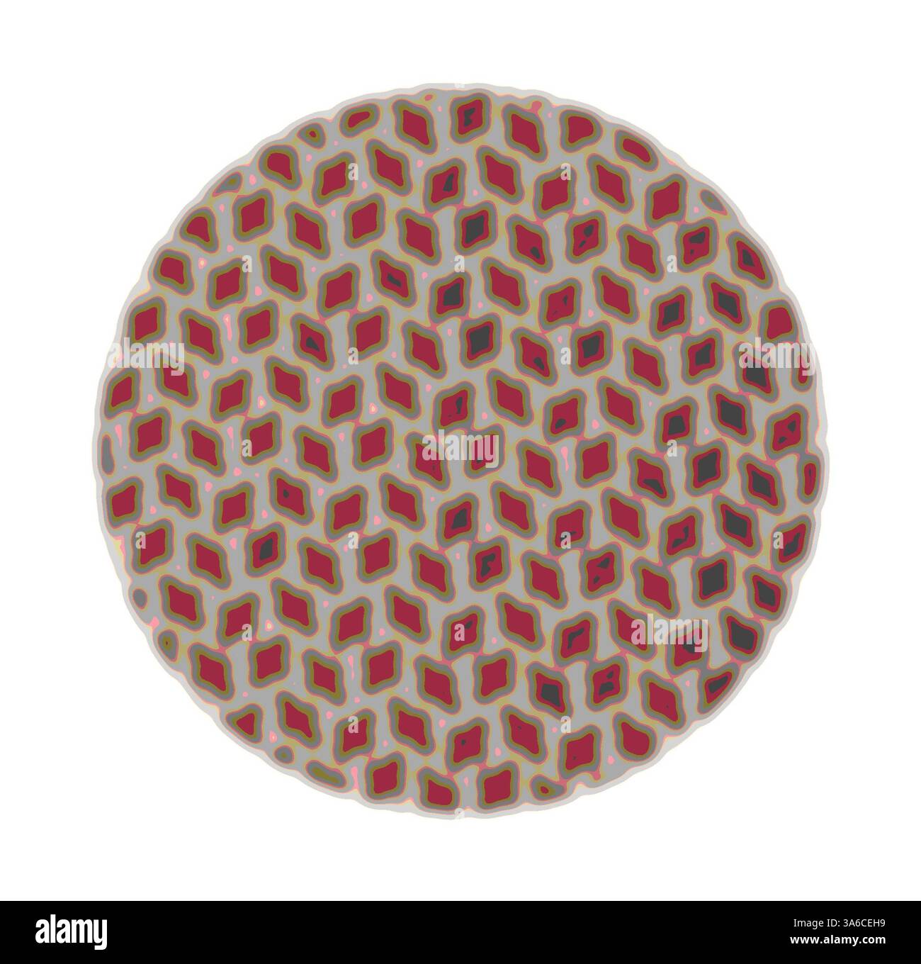 Eine runde Platte mit einem strukturierten Muster aus ineinander greifenden Formen in warmen Rot- und Beigetönen, die ein optisch eindrucksvolles Design schaffen. Klassische Kunst mit modernem Touch, neu interpretiert von Artotop, transformierte französische Stoffe, erste Hälfte des 19. Jahrhunderts Stockfoto