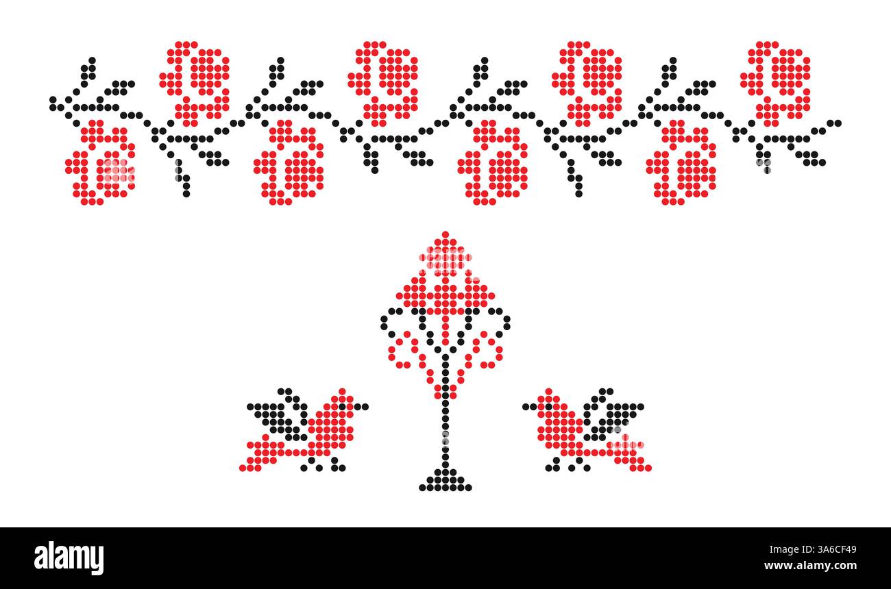 Blumen- und Vogelstickerei Südukraine Kunstmuster, ethnische dekorative Ornamente Stockfoto