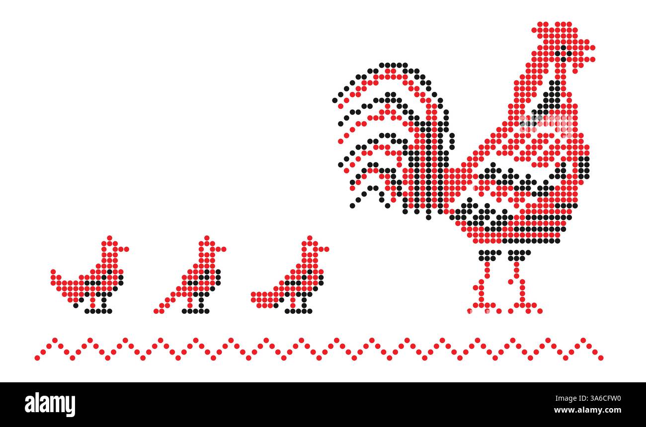 Ethnisches Stickmotiv mit Hahn und Vögeln, Ornament aus der Südukraine Stockfoto