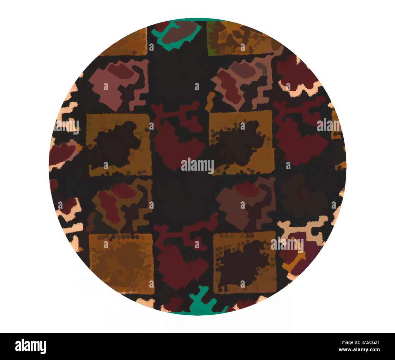 Ein kompliziertes geometrisches Muster, das aus verschiedenen Formen in Erdtönen besteht und einen reichhaltigen und strukturierten Gobelin-Effekt erzeugt. Klassische Kunst mit modernem Touch, neu interpretiert von Artotop, transformierte französische Stoffe, erste Hälfte des 19. Jahrhunderts Stockfoto