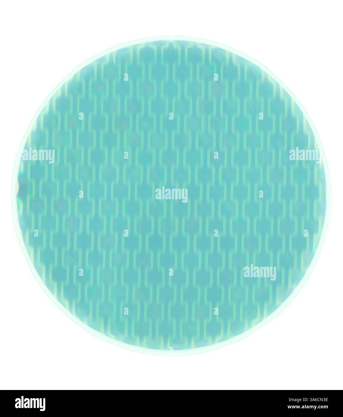 Ein kreisförmiges Design mit einem subtilen, strukturierten Muster, das aus miteinander verbundenen Formen besteht und einen hypnotischen visuellen Effekt erzeugt. Die gesamte Farbpalette ist weich und beruhigend und unterstreicht die komplexen Details im Kreis. Klassische Kunst mit modernem Touch, neu interpretiert von Artotop, transformierte französische Stoffe, erste Hälfte des 19. Jahrhunderts Stockfoto