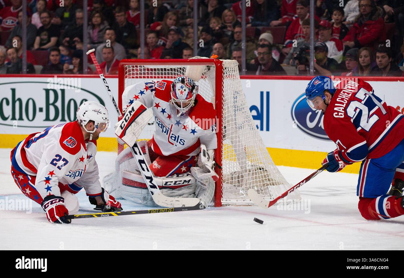 31. JANUAR 2015: Alex Galchenyuk #27 schießt bei einem NHL-Spiel zwischen den Washington Capitals und den Montreal Canadiens im Bell Centre in Montreal, Québec, Kanada auf den Torwart Braden Holtby #70 der Washington Capitals. Philippe Bouchard/CSM(Bild: © Philippe Bouchard/Cal Sports Med/Cal Sport Media/ZUMAPRESS.com) Stockfoto
