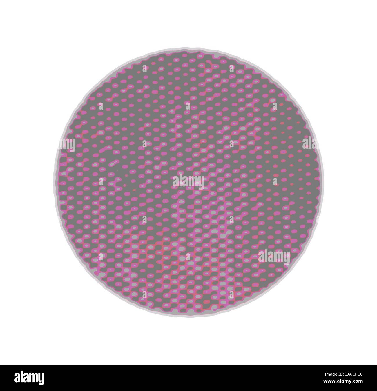 Ein kreisförmiges Design mit einer strukturierten Oberfläche mit einem Farbverlauf von Grau, leuchtendem Rosa und dezenten roten Punkten, die ein visuell dynamisches Muster erzeugen. Das Zusammenspiel von Farben und Formen verleiht ihm eine abstrakte, moderne Atmosphäre. Klassische Kunst mit modernem Touch, neu interpretiert von Artotop, transformierte französische Stoffe, erste Hälfte des 19. Jahrhunderts Stockfoto