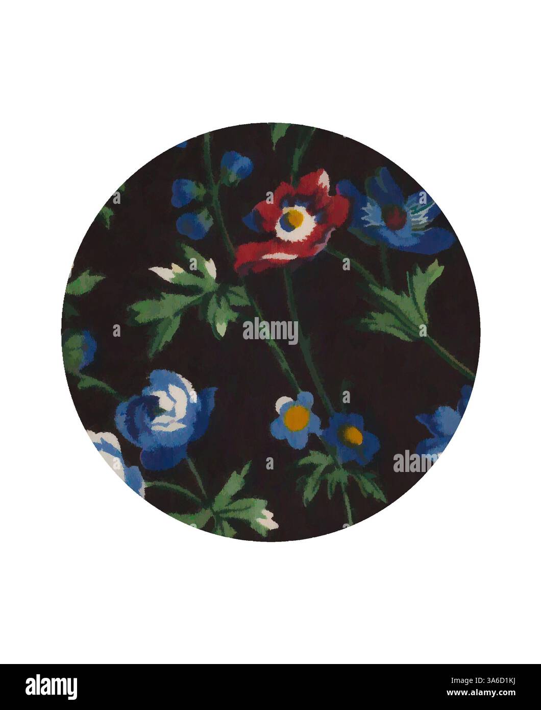 Ein lebhaftes Blumenmuster mit roten, blauen und grünen Blüten vor dunklem Hintergrund sorgt für einen auffälligen Kontrast, der visuell interessant ist. Klassische Kunst mit modernem Touch, neu interpretiert von Artotop, transformierte französische Stoffe, erste Hälfte des 19. Jahrhunderts Stockfoto