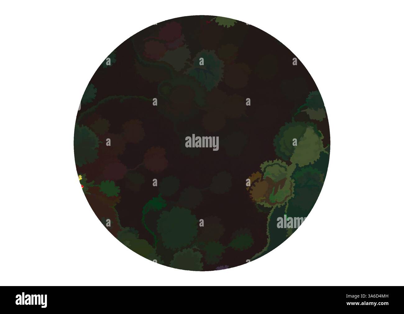 Eine kreisförmige Anordnung abstrakter, blättriger Formen in verschiedenen Grüntönen und dunkleren Tönen, die ein Gefühl von Tiefe und organischer Textur schaffen. Klassische Kunst mit modernem Touch, neu interpretiert von Artotop, transformierte französische Stoffe, erste Hälfte des 19. Jahrhunderts Stockfoto