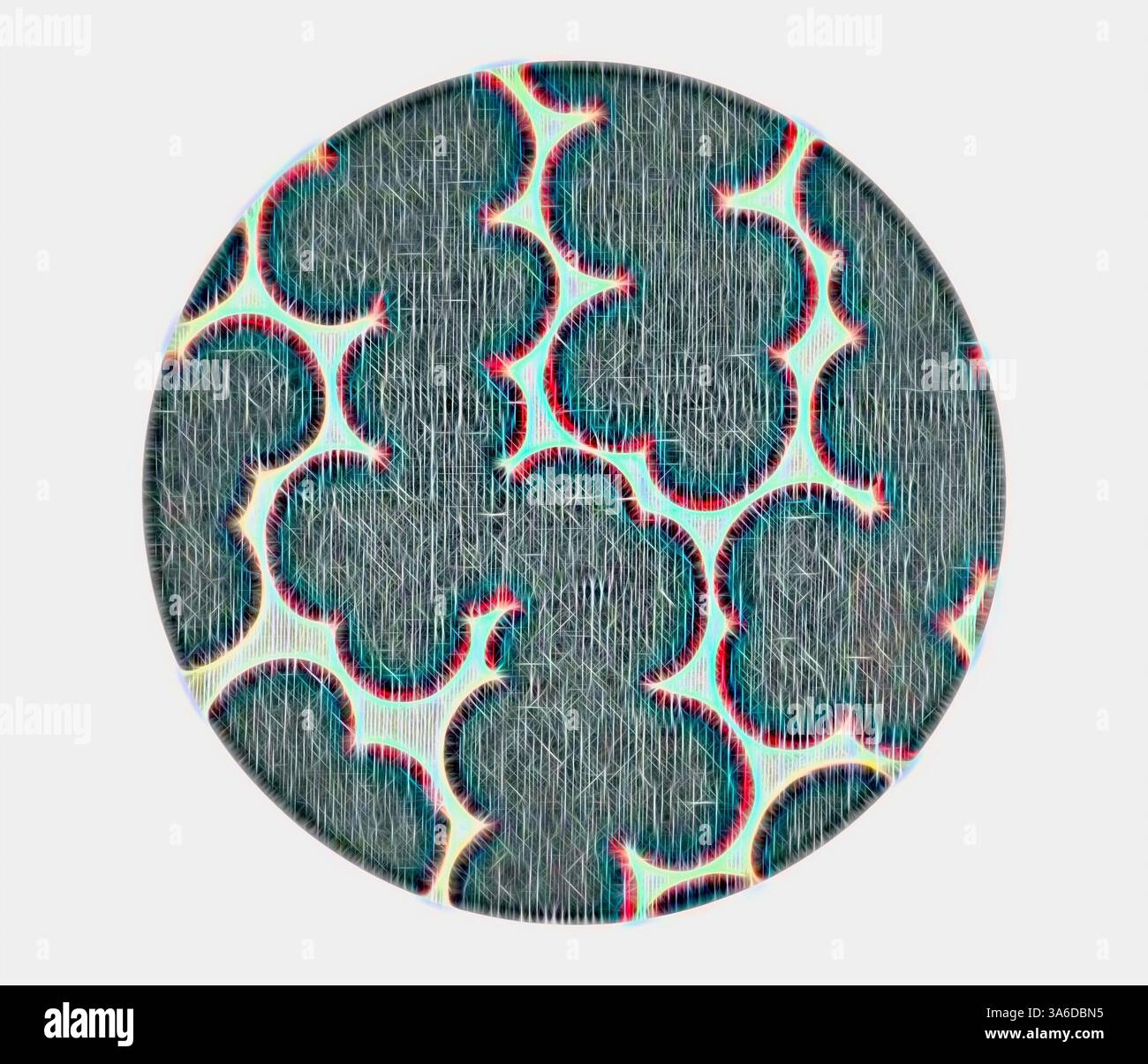 Ein kompliziertes Muster mit ineinander greifenden Formen, gekennzeichnet durch eine Mischung aus glatten Linien und scharfen Kontrasten, die ein optisch eindrucksvolles Design schaffen. Klassische Kunst mit modernem Touch, neu interpretiert von Artotop, transformierte französische Stoffe, erste Hälfte des 19. Jahrhunderts Stockfoto