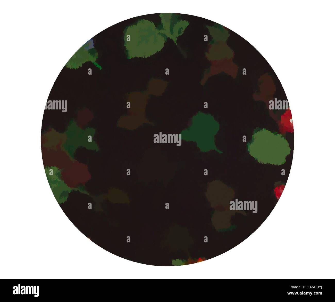 Eine kreisförmige Komposition mit einer Mischung aus dunklen Farbtönen, durchsetzt mit lebendigen Blättern, die ein Gefühl von Tiefe und organischer Textur schaffen. Klassische Kunst mit modernem Touch, neu interpretiert von Artotop, transformierte französische Stoffe, erste Hälfte des 19. Jahrhunderts Stockfoto