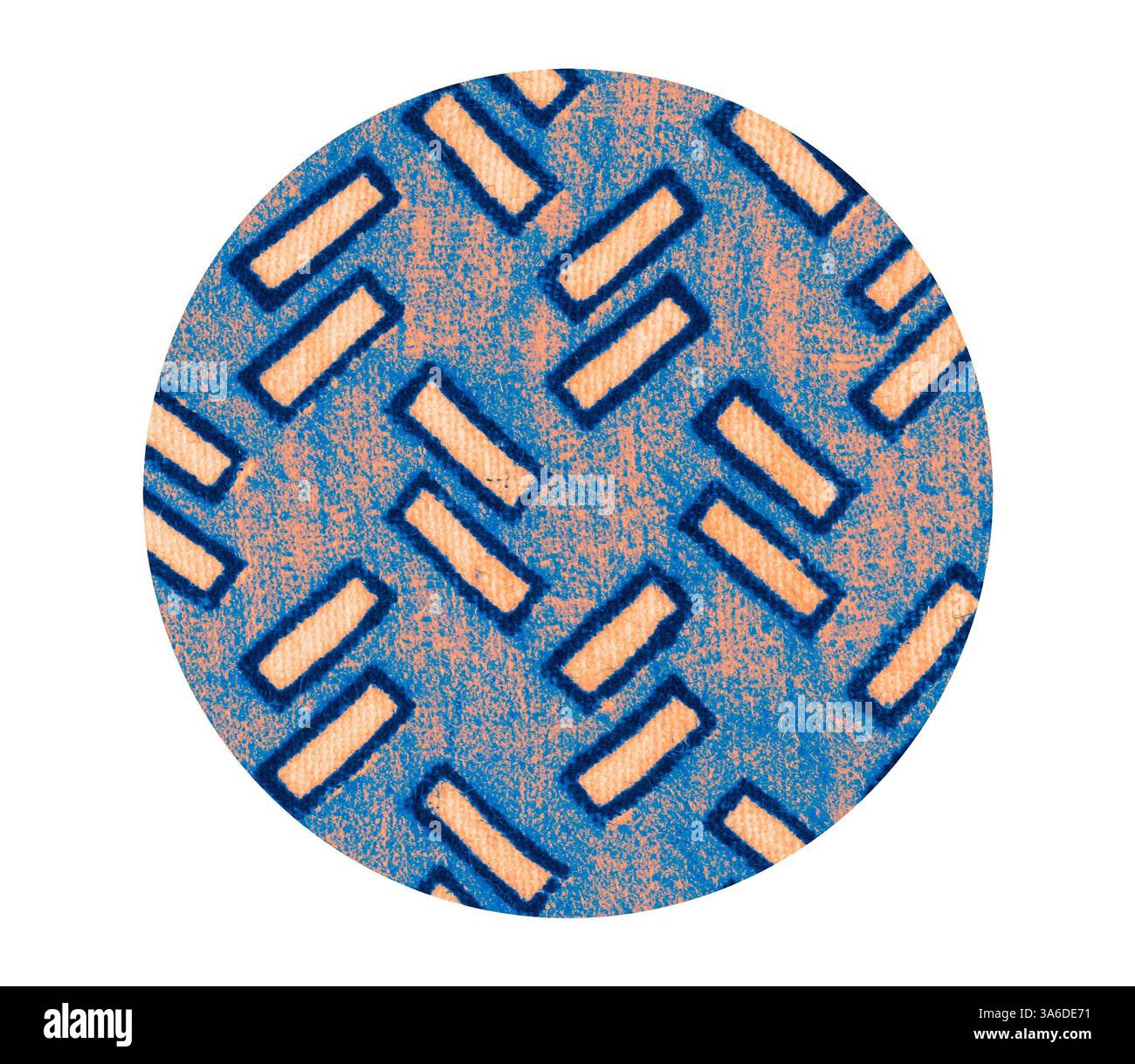 Ein strukturiertes Muster verfügt über ineinander greifende geometrische Formen in kontrastierenden Farben, wodurch ein visuell interessantes Design entsteht, das mit Tiefe und Perspektive spielt. Klassische Kunst mit modernem Touch, neu interpretiert von Artotop, transformierte französische Stoffe, erste Hälfte des 19. Jahrhunderts Stockfoto