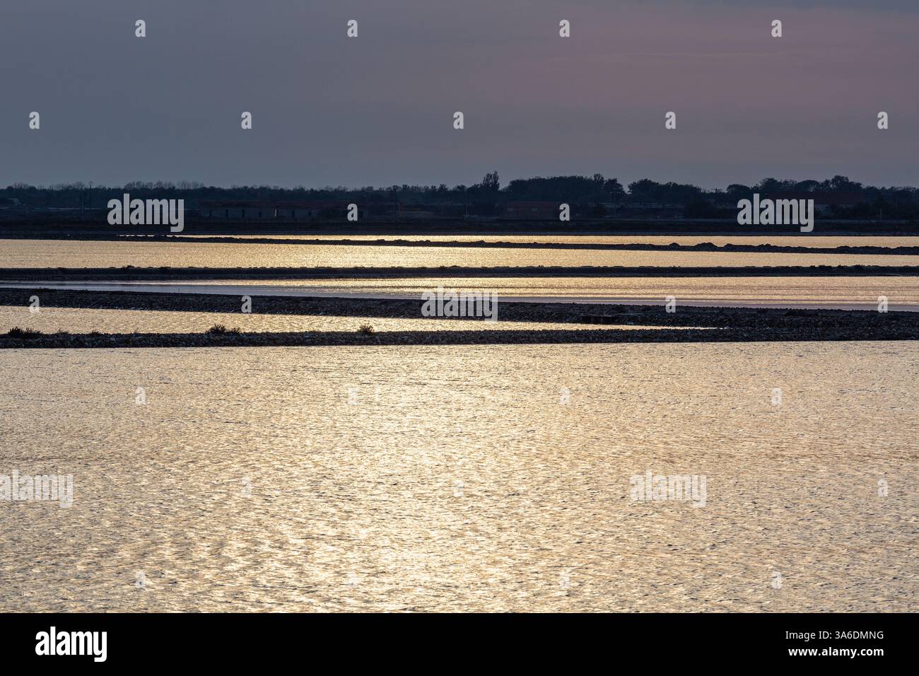 Die Verdunstungsteiche der Salin de Giraud Salzwiesen im Licht der untergehenden Sonne Stockfoto